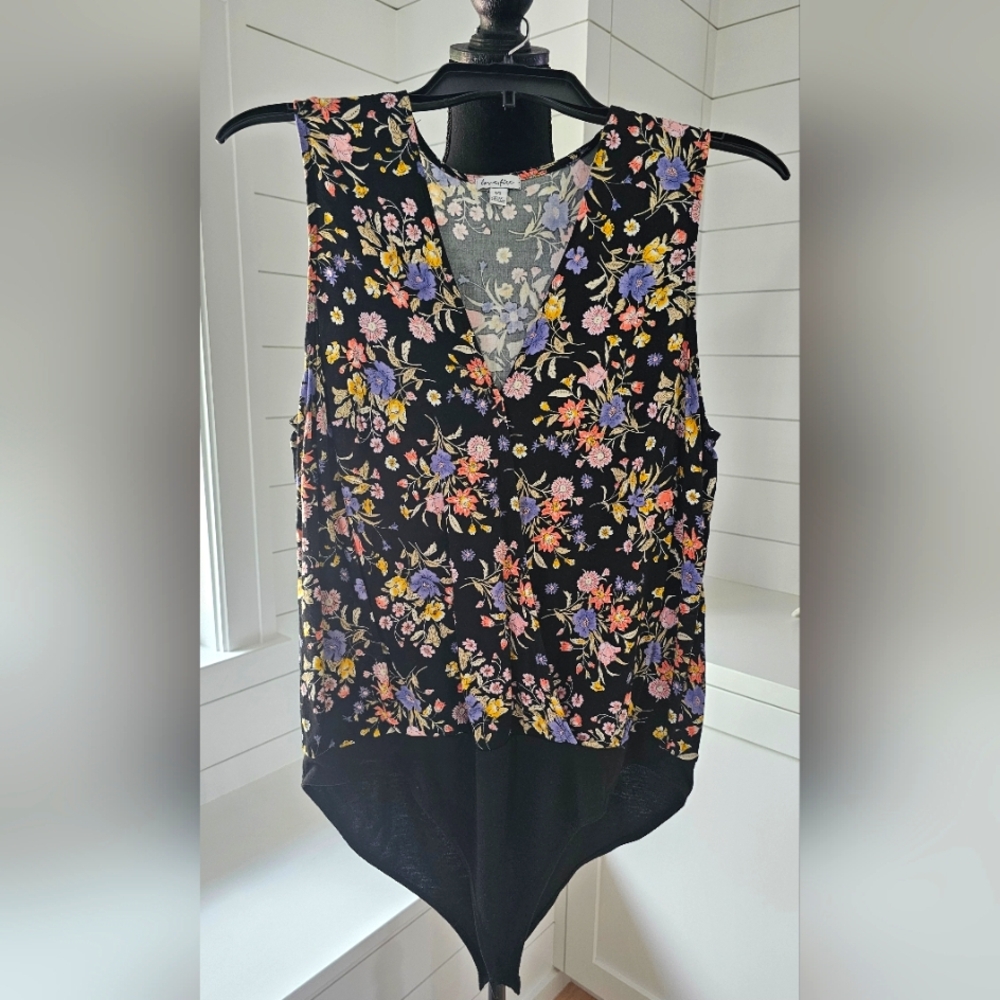 Love Fire Black and Pink Floral Asymmetrical Sleeveless Bodysuit